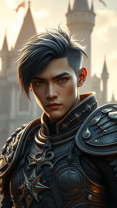 medieval fantasy portrait of a striking male Asian warrior in intricate armor, standing by a grand fantasy castle bathed in the soft glow of a bright morning light, his hair a sleek blend of midnight black and shimmering silver, eyes alight with a vivid electric glow, a sinister and intense gaze piercing through, hinting at a lurking madness