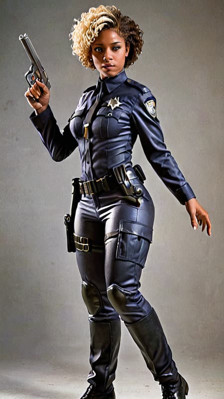 Female cop, lieutenant, streetwise super-hero. African-American female, feminine but tough. Tall, strong, athletic. Curly black short hair, swept back on one side, blonde streaks on the top. Smooth brown skin, Hazel eyes. Beautiful face, moderate  make-up.  Black police uniform,  feminine version. Quick dexterity and fast reflexes--- she can catch a bullet in the air. She is invulnerable to physical damage, bullets bounce off her and fire, electricity, bombs do not effect her. If she does get any physical damage, she can heal herself. She carries a silver automatic pistol, she dies not miss her target. Full body pose, fighting stance. Probably busting up a drug ring. 