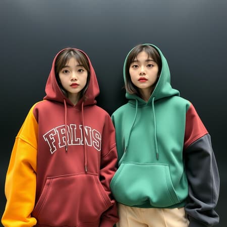 Korean girls in stylish hoodies set against a sleek black background, highlighting current fashion trends in vibrant streetwear and modern urban aesthetics.