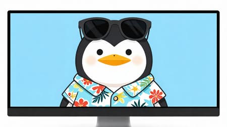 Cute Penguin Wearing Hawaiian Shirt On Monitor remove bottom computer monitor and change to desktop, add sunglasses to top of head and hawaiian shirt to penguin.