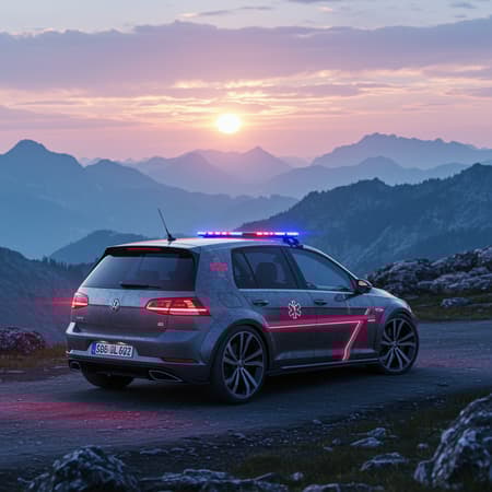 Robot-inspired Golf Ambulance Artwork A futuristic, robot-inspired VW Golf with an embedded ambulance sign glides smoothly across a breathtaking mountainous landscape. The scene is bathed in radiant neon sunlight, illuminating the metallic surface of the car with intricate, detailed designs. The high-resolution panorama captures every nuance of the car's sleek contours and the rugged beauty of the surroundings in stunning 8k clarity, creating a harmonious blend of technology and nature with a hint of vibrant, glowing hues.