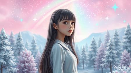 candy world Disney land ethereal landscape pastel forest soft snow avatar pastel pink sky with green and blue sparkles, whimsical light rainbow with stars and diamond-like sparkles, gemstone background hyper-realistic ultra quality cinematic lighting, immense detail full HD painting well-lit, girl with diagonal bangs, wearing a collared dress, standing to the side, masterpiece quality, realistic skin, 1 girl, long hair with blunt bangs.