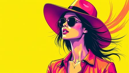 A vibrant illustration of a young woman exuding confidence, adorned in stylish sunglasses and a chic hat, reminiscent of Mike Deodato's bold and colorful graphic design work. The artwork features a striking color palette dominated by bright yellows and rich azures, capturing the essence of modern fashion with a retro twist. The piece is presented as an ultra HD, long rectangular visual, reminiscent of the era spanning from the 1970s to the present. Her silhouette is creatively intertwined with dynamic, flowing stripes, adding a unique texture to the painting, enhancing its visual appeal.