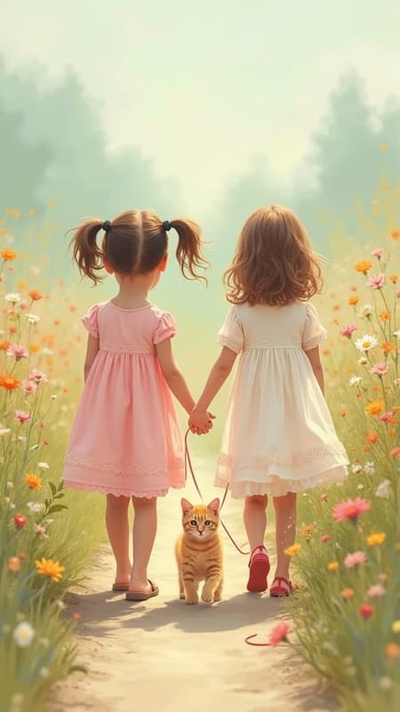 Two young girls in flowing pastel dresses, with delicate patterns in muted colors, walk hand-in-hand along a gently textured path. They wander through a meadow teeming with wildflowers in an array of soft, pastel hues. A playful, light-orange tabby cat trots alongside, its leash playfully winding in front of the second girl. Both girls have hair styled in charming pigtails. The soft, diffused lighting enhances the tranquility of the scene, captured with delicate brush strokes in rich, oil paint tones. The image is vividly detailed, almost photorealistic, yet retains the gentle, serene quality of a pastel-colored dreamscape.