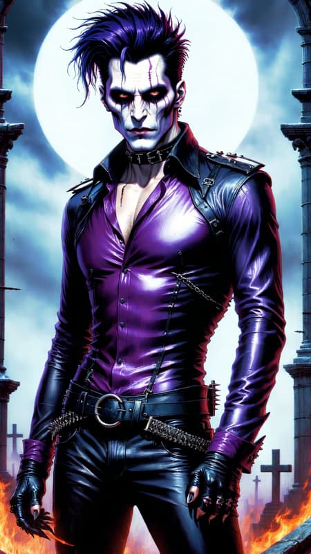 Goth Punk visits Hammer Horror films. Dark, creepy, Goth, sado-masochism. He can turn invisible and follow people around. He also has the ability to enter their minds and scare them to death. He can also siphon off little bits of life force and energy from his victims---most of the time he kills them.
A young Caucasian man in his 20s, his skin is chalk white, he's becoming more undead as time goes by. He has dark circles around his eyes, but he also wears Goth makeup. Very tall, thin, lithe but strong, sinewy. Emo style hair, shaved on the sides and back, long on top and falls over one eye-- the top is dyed eggplant purple. Strong brow and jaw, masculine and handsome, though he does have a slight resemblance to Frankenstein's monster--- he takes pride in that. His eyes are grey and intense, like he's staring into your soul. Because he is tall, he has very big hands with long fingers. He wears the latest in Goth fashion: black leather choker collar with spikes, sheer black see-thru form fitting long sleeved shirt, o-ring black leather harness, black leather bracers with spikes on his arms, dark Violet leather jeans, heavy black leather engineer boots. Full body pose, hanging out in a graveyard or dark Goth Punk club. Goth Punk visits Hammer Horror films. Dark, creepy, Goth, sado-masochism. He can turn invisible and follow people around. He also has the ability to enter their minds and scare them to death. He can also siphon off little bits of life force and energy from his victims---most of the time he kills them.
A young Caucasian man in his 20s, his skin is chalk white, he's becoming more undead as time goes by. He has dark circles around his eyes, but he also wears Goth makeup. Very tall, thin, lithe but strong, sinewy. Emo style hair, shaved on the sides and back, long on top and falls over one eye-- the top is dyed eggplant purple. Strong brow and jaw, masculine and handsome, though he does have a slight resemblance to Frankenstein's monster--- he takes pride in that. His eyes are grey and intense, like he's staring into your soul. Because he is tall, he has very big hands with long fingers. He wears the latest in Goth fashion: black leather choker collar with spikes, sheer black see-thru form fitting long sleeved shirt, o-ring black leather harness, black leather bracers with spikes on his arms, dark Violet leather jeans, heavy black leather engineer boots. Full body pose, hanging out in a graveyard or dark Goth Punk club.