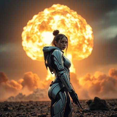 Cinematic Portrayal Woman Art A stunning cinematic portrayal of a young woman in an intricately designed exosuit, standing poised against the backdrop of a massive nuclear explosion. The scene captures the dramatic blast wave and swirling nuclear ash with atomic fission details, all rendered in hyper-realistic detail. Her sci-fi armor gleams with futuristic finesse, showcasing every intricate detail of its design in sharp 8K UHD. The setting feels like a still from a high-budget science fiction movie, with complex lighting enhancing the chaos and beauty of the scene. This photorealistic scene captures a sense of speed and acceleration, with a flash of light from the explosion. The long exposure effect and cinematic staging highlight the third-person view, offering a full-body depiction of the girl and her environment. This imaginative reinterpretation retains the essence of a detailed science fiction tableau while injecting a unique artistic vision into the narrative.