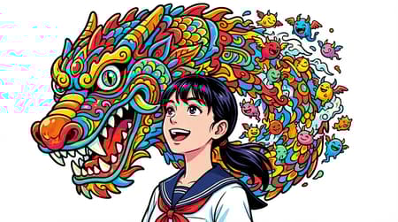 Smiling Anime Girl With Psychedelic Dragon Anime girl in school uniform, looking up and smiling, with a giant, intricately detailed, cartoonish monster head behind her, bursting with colorful, psychedelic patterns and small, vibrant creatures. The art style is a blend of anime and psychedelic pop art, with clean lines and bold outlines. Bright, cheerful lighting with a playful, imaginative mood. A vivid color palette of reds, blues, yellows, oranges, and greens, creating a whimsical and energetic atmosphere. Highly detailed monster features, eyes, teeth, and scales, contrasting with the smooth, soft features of the girl. White background.