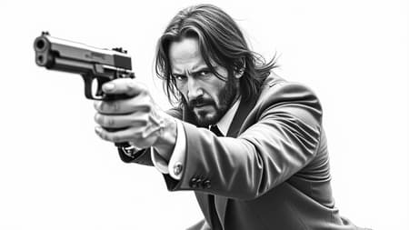 A dynamic pencil sketch of Keanu Reeves as John Wick, poised in an intense action pose with a gun aimed, eyes focused and determined, his iconic slick hair and tailored suit slightly windswept, ambiance enhanced by dramatic shading and intricate line work, capturing the tension and energy of the moment, evoking a sense of stylized motion.