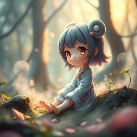 Masterpiece, solo, Kawaii character sitting in a mystical forest, featuring a full character concept with a trending color palette; inspired by top artists on ArtStation. The scene has a matte painting style with depth of field, ultra-detailed rendering using Blender. The design incorporates elements of turbulent fluid and fractals, evoking a smokey, symmetrical ambiance with sharp focus and vibrant colors. Studio lighting enhances the whimsical atmosphere, with the depth of field crafted using Unreal Engine 5 and Raytracing effects. The artwork has a smooth, sharp focus, rendered in Octane, offering a magical touch. The surrounding environment has a foggy, dreamy quality while maintaining clarity in the main character. Although imperfect, the piece captures a sense of charm despite minor artifacts and distortions, blending youthful features in a fantasy setting.