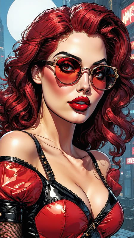 Old Hollywood meets modern pop culture, and she's got that Boop-Boop-be-doop! She's also a supervillain capable of blowing you down with her kisses! The power blasts forward from her in red lip-shaped energy! feminine woman, young Caucasian female. Actress, sort of like Betty Boop. Red is her favorite color!  Fun, vivacious, lively, glamorous. Tall, leggy, strong, fit, busty, thin but curvy. Beautiful face, sparkling Hazel eyes with long eyelashes. Medium length hair to her shoulders, with fluffy bouncy burgundy colored curls, glamorously styled. Usually dark sunglasses perched on top of her head. Shiny, glossy ruby-red lips, usually blowing kisses. Shiny, glimmering red mini-dress with cut-out shoulders, form fitting material. Black leather designer belt around her waist. The dress is slit on one side. Red fishnet stockings on her legs, with knee-high red stiletto heeled boots on her feet. Her power is her lips, blowing kisses from the other side of the room.  Full body pose. 