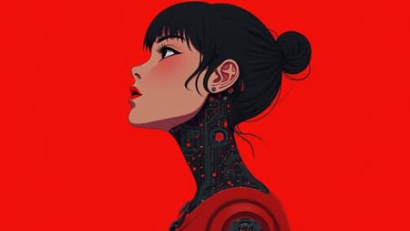 A stunning woman with robotic elements, showcasing a closeup of her face and neck embellished with intricate circuitry, featuring sleek lines and subtle details in a cyberpunk aesthetic. She is depicted in profile against a vibrant red background, emphasizing a futuristic design in a 2D flat composition. The artwork is rendered in rich red tones, capturing the essence of digital art inspired by Studio Ghibli's style.