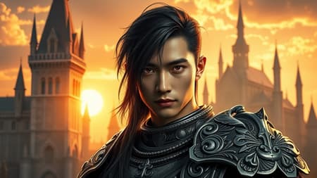 A striking medieval fantasy portrait of a handsome male Asian warrior, clad in intricate silver and black armor, set against the backdrop of a grand fantasy castle illuminated by the golden glow of the morning sun. His long black hair, threaded with silver strands, cascades down his shoulders, and his piercing electric eyes shimmer with an unsettling, intense focus. A dangerously charismatic aura surrounds him, accentuated by a hint of madness in his gaze, as if he harbors a hidden, wild power within.