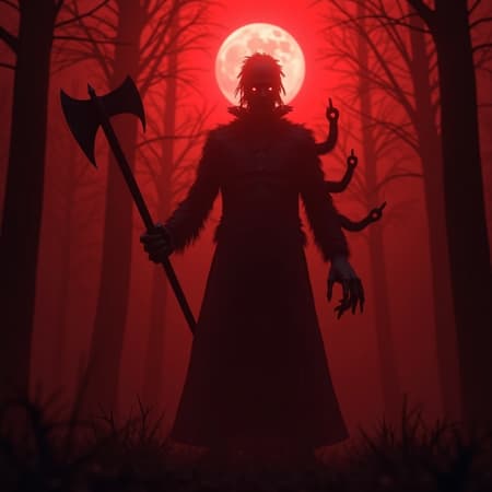 Horror, highly detailed depiction of a male necromancer wielding an ancient axe, his face reminiscent of Jack the Ripper, illuminated by the eerie glow of a blood moon, surrounded by a dense red forest enveloped in volumetric fog. The scene captures hyperrealism with stunning, ultra-realistic visuals rendered in Unreal Engine, showcasing cinematic lighting and breathtaking photographic detail. The environment feels alive with a wide-angle view revealing a grotesque, mutated figure with deformed features; extra arms and fingers adding to the disturbing allure, reminiscent of a CGI doll with bad anatomy. The disfigured and fuzzy form is an unsettling blend of hyperreal and surreal, with tiling textures that enhance the uncanny atmosphere.