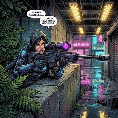 Comic book style illustration of a female sniper in tactical gear, lying prone behind a concrete barrier, aiming a futuristic sniper rifle with a purple scope. She is partially obscured by lush green ferns on the left. The scene is set in a dark, rainy cyberpunk city alley or parking garage at night. Rain streaks are visible, and the ground is wet with reflections of neon signs (pink and cyan) in the puddles. Overhead, warm yellow fluorescent lights cast a glow. The atmosphere is tense and moody. Detailed facial expression, sweat/rain on face, intricate weapon design, glowing blue accents on her gear. Strong black outlines, vibrant colors.