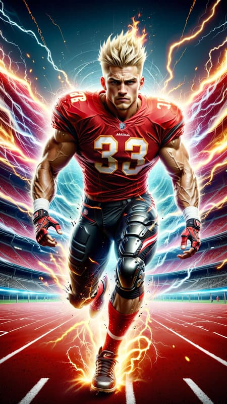 Super-hero, football Player, sports figure, college football. Hypermasculine male, Caucasian white male, young man (about 18 thru 21). Tall, muscular, sinewy, athletic, fit, wide bach and shoulders, broad chest, narrow waist, big thighs and calves. Super fast, can outrun a car, leaves a trail of wind in his wake. Unstoppable, can plow through his opponents on the football field. Handsome, rugged good looks. Light golden blonde very short hair, flat top hairstyle, close on sides and straight spiky on top. Deep set aqua-blue eyes, strong brow and chin, mild soul patch on face. Cleft in chin, cute dimples on face. Black strips under his eyes to reduce glare. Bare chest, shirtless, sweat running down his chest and legs after a hard practice. Black shoulder pads, elbow pads and knee pads on the outside of his body. Bright red (((red))) shiny football shorts stretched over his bulging crotch, revealing strong powerful thighs and legs. Black cleated football shoes. Usually running, a need for speed. Full body pose. 