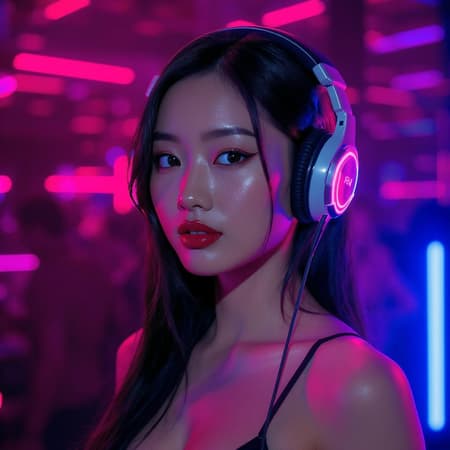 A stunning Asian woman with sleek black hair wearing futuristic headphones, illuminated by vibrant pink and blue neon lights in a lively nightclub setting, captured in high resolution with a focus on realism, cinematic angle highlighting dynamic lighting with a radiant glow from behind, professional photography emphasizing her striking features and the electric atmosphere.