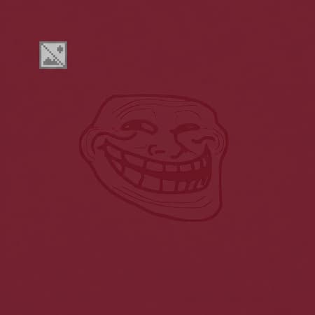 Background is filled with maroon color, flat color no shading. A tiny broken image icon is in the top left corner. Faint thin outline of a tiny trollface is embedded in the image, blending in maroon background barely visible