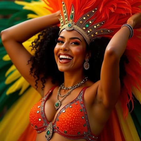 A vivacious woman from Brazil radiates energy and joy as she revels in a vibrant carnival outfit, her skin adorned with dazzling colors of feathers and sequins. Her dynamic presence is a captivating celebration of life, embodying the rhythmic spirit and cultural richness of the carnival. Her expressive movements and infectious laughter draw everyone into a shared moment of pure exuberance and festivity.