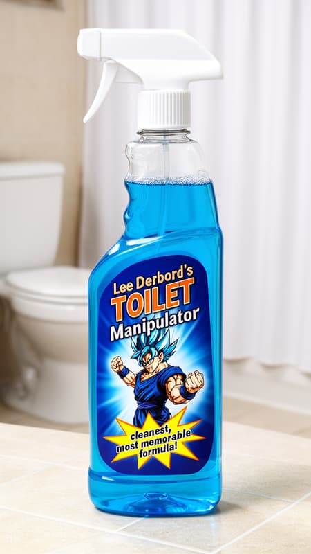 Blue Toilet Cleaner With Anime Character Label Photorealistic close-up of a blue toilet cleaner spray bottle with a white trigger and cap, featuring a custom label. The label reads "Lee Derbord's Toilet Manipulator" in a bold, orange and white font, with an anime-style illustration of Goku in Super Saiyan Blue form flexing, below a yellow starburst "cleanest, most memorable formula!". The bottle is filled with bright blue liquid and stands on a light beige tiled countertop. In the background, a white toilet and a white shower curtain are visible, slightly out of focus. Bright, even lighting creates a clean, slightly humorous mood.