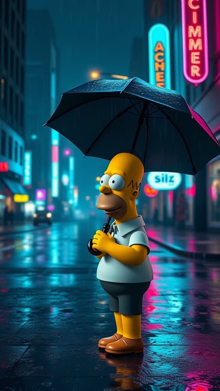3D cartoon Homer Simpson standing with an umbrella in a dark, rainy dystopian city, on a deserted street. Neon lights flicker in the background, casting colorful reflections on the wet pavement. The scene exudes a cinematic and moody atmosphere with Blade Runner-inspired tones. Ultra 4k, hyper-realistic detail brings the moment to life, highlighting Homer's curious expression as he gazes at the vibrant city around him.