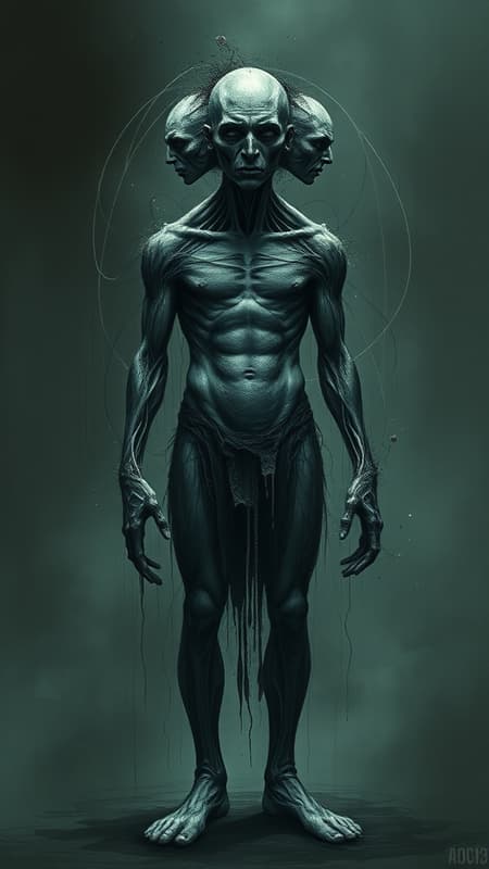 Full body portrait of a grotesque man, surrealist nightmare theme, enveloped in darkness and terror, illustrated with chaotic lines and floating particles, inspired by the styles of Greg Rutkowski and Yoji Shinkawa. The figure exhibits distorted anatomy featuring extra limbs and an elongated neck, rendered in a highly detailed 4k digital art style, concept art that’s currently trending on ArtStation. The distorted form includes a misshapen face and poorly constructed hands and feet, showcasing a disfigured silhouette with a double head that seems to melt into shadow. The limbs appear disordered, adding an unsettling dimension to the character with fat, deformed features, capturing a sense of surreal unease. Full body portrait of a grotesque man, surrealist nightmare theme, enveloped in darkness and terror, illustrated with chaotic lines and floating particles, inspired by the styles of Greg Rutkowski and Yoji Shinkawa. The figure exhibits distorted anatomy featuring extra limbs and an elongated neck, rendered in a highly detailed 4k digital art style, concept art that’s currently trending on ArtStation. The distorted form includes a misshapen face and poorly constructed hands and feet, showcasing a disfigured silhouette with a double head that seems to melt into shadow. The limbs appear disordered, adding an unsettling dimension to the character with fat, deformed features, capturing a sense of surreal unease.