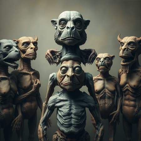 Absurdres detailed faces intricate cinematic animals HDR dim natural lighting detailed painting worked out detail stacked torsos totem pole bad anatomy wrong anatomy extra limb missing limb floating limbs disconnected limbs mutation mutated surreal unusual blurry amputation grotesque surrealism imaginative artistry uncanny vivid contrast.