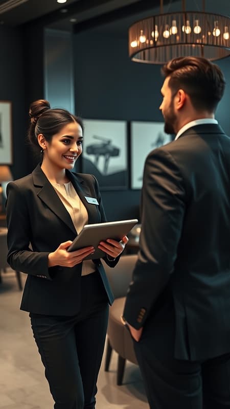 In a sleek, upscale business lounge, a poised female employee greets a male client with a professional demeanor. She dons a fitted black blazer with a metallic name badge and a soft beige blouse, her hair elegantly twisted into a bun. Holding a sleek digital tablet, she reviews detailed notes, maintaining a friendly, engaging smile. Opposite her, the man, in a tailored black suit and crisp white shirt, listens intently, his side profile framed by the surrounding modern art pieces and tasteful decor that adorn the sophisticated setting. The ambiance is bathed in warm, dim lighting, highlighting the monochrome and neutral hues that dominate the sophisticated, high-end space.
