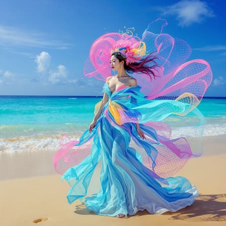 Woman Blue A Chinese woman in a flowing blue dress stands gracefully on a sunlit beach. Her features echo those of a fashion model, with a poise that draws from the elegance of Botticelli. Vivid, bright colors surround her, reflecting the imaginative style of Greg Broadmore. She is enveloped in delicate netting, merging with the environment like a piece of living art. The scene plays with the concept of disappearance, as if she is seamlessly blending into the vibrant world around her, embodying a harmonious fusion of art and nature.