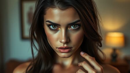Hot brunette woman, gazing intently at the camera, portrait style, high-resolution photography, finely detailed complexion, ultra-realistic, hyper-realistic, 8k clarity, exceptionally detailed, full-length composition, captivating eyes, soft and even lighting, shallow depth of field, crystal-clear focus, cinematic and hyperrealistic lighting effects with CGI qualities, lifelike rendering, low resolution, text overlay, digital artifacts, low quality, unattractive, duplicate elements, morbid sense, altered appearance, framing issues, distorted fingers, mutated and inaccurately drawn features, mutations, out-of-focus areas, poor physical representation, disproportionate anatomy, extra body parts, cloned facial features, disfigurement, unappealing proportions, malformed appendages, missing or excess limbs, fused digits, excessive number of fingers, elongated neck.