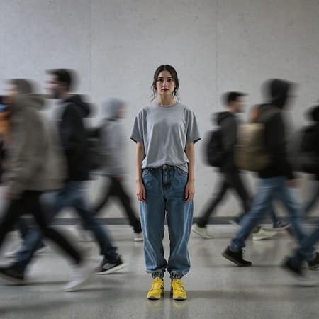 An artistic visual capturing the essence of urban hustle, centering on a single focused female professional model standing still, surrounded by the blurred motion of numerous people walking by, creating a dynamic sense of movement. The main model is dressed in a grey loose-fit T-shirt and denim jogger pants, complemented by bright yellow skateboard shoes. The surrounding transient figures are dressed in loose-fit hoodies, jogger pants, and sneakers. Captured with a Sony α9 II and a Sony FE 100-400mm f/4.5-5.6 GM OSS lens, the scene is set in an open, minimalist space with soft, indirect lighting and a neutral color palette that emphasizes the motion blur. The primary subject is sharply in focus, offering a stark contrast to the moving figures around her, embodying a theme of stillness amidst chaos. The background is a plain wall with subtle texturing, ensuring the spotlight remains on the fluid motion effect while adding layers of intrigue and depth to the composition.