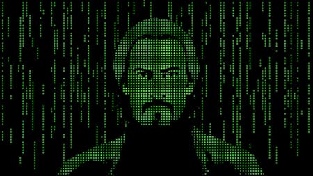 Create an illustration where a series of small green dots form the recognizable silhouette of Keanu Reeves. The design should be flat and minimalist, set against a dynamic black background reminiscent of a digital matrix. Utilize simple shapes and lines to capture the essence of the character, maintaining a clean and raw style. Consider introducing subtle variations in the density and arrangement of the dots to add texture and depth to the image, while retaining the overall minimalist aesthetic.