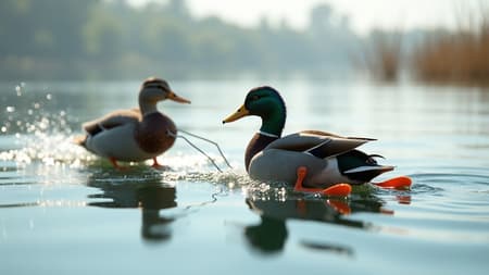 Two ducks on a calm freshwater lake, one duck actively pulling another duck behind it on water skis, the leading duck fitted with a small, naturalistic harness secured comfortably around its body, a taut rope extending from the harness to the second duck, which is skillfully water skiing across the surface, realistic duck anatomy with accurate proportions and posture, ultra-detailed feathers with layered structure, subtle color variation, and individual barbs visible, tiny water droplets clinging to feathers and catching the light, dynamic water interaction with crisp splashes, foam, and V-shaped ripples trailing behind the skiing duck, realistic surface tension and reflections on the water, soft wind disturbance across the lake, bright natural daylight with physically accurate lighting and soft shadows, gentle highlights and reflections shimmering on the water surface, shallow depth of field with sharp focus on both ducks and slight background blur, serene lakeside environment with reeds and distant trees rendered in fine detail, atmospheric perspective, cinematic composition, captured as if with a high-end DSLR using a telephoto lens, ultra-high resolution, hyperrealistic, intricate detail, photorealistic, 8k, HDR, global illumination, ray-traced lighting, natural color grading