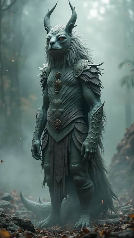 Portrait photo of a guardian creature, standing vigilant, signaling pause, step back, retrace steps, return, alert presence, cease, hold, directly facing forward, in sharp focus, enshrouded in ethereal mist, intricately detailed, perfect symmetry, imbued with an air of authority.