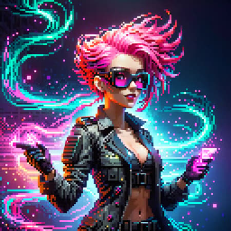 (swat man), (pixel art), detailed, torso, gloves, mask, goggles, action pose, trench coat, pink, surreal, strange, (full body sexy gamer girl with pink hair photo), vaporwave neon theme, woman, portrait, smile, laugh, open mouth, (upper body, bust shot, looking away:1.1), neon hair