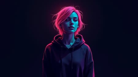 Digital art portrait of a female figure with a streamlined flat color approach, depicted straight on and focusing on the upper body and face. The figure wears a dark-colored hoodie, characterized by an abstract whirl with vibrant neon streaks emanating from her head. The composition is simplistic, set against a plain dark background that enhances the subject's visibility. The artwork is brightly colored, using contrasting shadows to accentuate the neon streaks, with minimal facial features that highlight the abstract design. There is a sharp contrast between the subject and the background, creating a striking visual impact, infused with an expressive and energetic vibe.