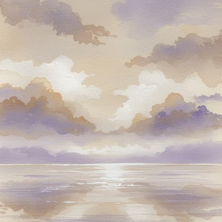 A serene watercolor painting captures the tranquil beauty of an expansive sky merging with the calm sea at the horizon, showcasing a harmonious blend of tan, taupe, brown, white, and lavender hues that evoke a misty landscape. The clouds are depicted in differing levels of detail, with some distinctly outlined while others dissolve softly into the backdrop, adding a sense of depth, resembling a 2D sculpture.