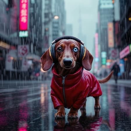 Cityscape Unfolds Under Art A futuristic cityscape unfolds under a misty rain, where a unique dachshund steps onto the slick pavement. This intriguing dog sports a sleek, shiny red coat that not only keeps it warm but also enhances its vibrant hue against the moody backdrop. Its eyes are strikingly mismatched—one a piercing blue while the other remains a deep, soulful brown—adding character to its determined expression. Resting comfortably over its ears are large, cutting-edge headphones, reminiscent of Marshall's iconic design, pulsing softly with hints of neon light. Despite the drizzle, this dachshund’s presence is unmissable, a vivid splash of color and personality against the cool, metallic tones of the futuristic city that looms behind, with towering skyscrapers glittering through the rain.