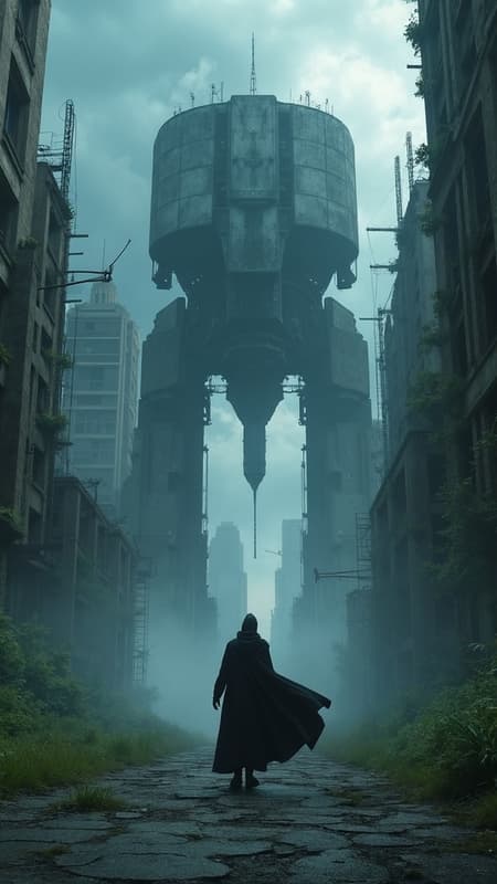 AI Dystopian Landscape, Design A breathtaking dystopian landscape, where towering, derelict skyscrapers pierce the stormy skies, illuminated by occasional flashes of lightning; the streets below are desolate and shrouded in mist, with hints of green reclaiming the cracked concrete; a lone figure stands silhouetted against the chaos, their cape billowing dramatically in the wind, embodying both resilience and solitude; looming ominously in the background, a massive, abandoned machine stirs to life, its dull humming a testament to a forgotten era of technological grandeur.