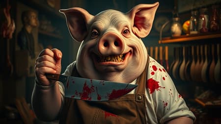 Pig Posing A fat pig posing as a butcher in a dimly lit shop selling human parts, wears a sinister grin with broken teeth, staring directly at the viewer. In its cloven hand, it wields a blood-stained butcher's knife. The scene is bathed in warm, dramatic lighting, achieving a hyper-realistic and photographic quality, as if trending on art platforms in 8k resolution. Its clothes splattered with fresh blood, surrounded by dramatic colors enhancing the eerie atmosphere. The pig's anatomy is peculiar, with a strangely elongated neck and body, extra limbs and conjoined fingers, while its facial features are unsettling with irregular eyes that appear skewed. Its body appears seamlessly flawed yet frightfully captivating, like an artwork scarred with imperfections, echoing a disturbing blend of realism and artistry.