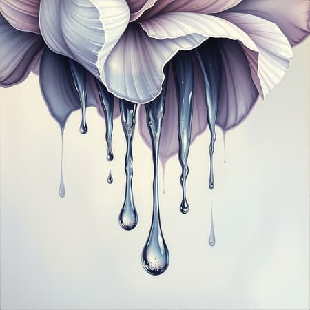 Surrealist painting depicting water droplets cascading down a flower stem, reminiscent of Picasso's style, with elements of melting and intertwining materials. The scene is infused with delicate shades of light silver and soft purple, showcasing intricate layers and textures. The composition captures a dreamlike quality, blending fluid forms and structural elegance, creating an almost otherworldly vision.