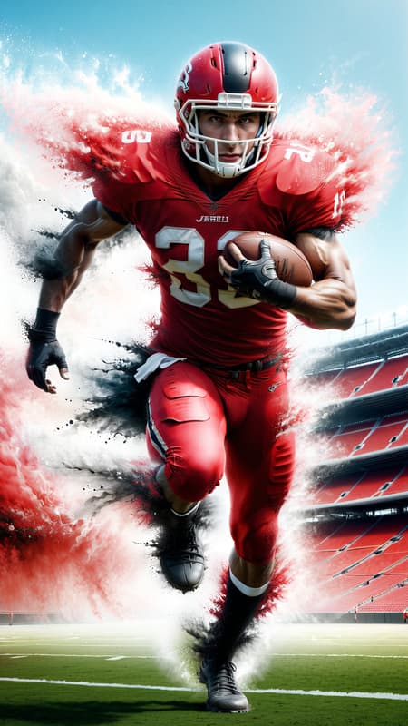 Super-hero, football Player, sports figure, college football. Hypermasculine male, Caucasian white male, young man (about 18 thru 21). Tall, muscular, sinewy, athletic, fit, wide bach and shoulders, broad chest, narrow waist, big thighs and calves. Super fast, can outrun a car, leaves a trail of wind in his wake. Unstoppable, can plow through his opponents on the football field. Handsome, rugged good looks. Light golden blonde very short hair, flat top hairstyle, close on sides and straight spiky on top. Deep set aqua-blue eyes, strong brow and chin, mild soul patch on face. Cleft in chin, cute dimples on face. Black strips under his eyes to reduce glare. Bare chest, shirtless, sweat running down his chest and legs after a hard practice. Black shoulder pads, elbow pads and knee pads on the outside of his body. Bright red (((red))) shiny football shorts stretched over his bulging crotch, revealing strong powerful thighs and legs. Black cleated football shoes. Usually running, a need for speed. Full body pose. 