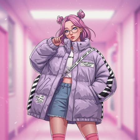 A dynamic digital illustration featuring a 30-year-old woman named Dangerhorse, donned in an oversized puffer jacket with poncho elements, inspired by Off-White and Yanjun Cheng's style. The artwork channels the essence of the lofi girl internet meme and draws influence from popular artists like Beeple, Rhads, and Lois van Baarle. The scene is set in vibrant pastel colors with a retro anime aesthetic and is designed to look like a trending catalog photo on Dezeen. The character exudes a cartoonish charm, set against a backdrop of subtle, dreamlike elements characteristic of a 3D render, making it a stand-out piece in digital art circles.