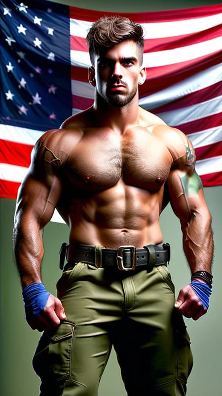
      U. S. Army, military Sgt. Not afraid of hand-to-hand combat, this big brute lives for a good fight. Hypermasculine Caucasian male. Tall, muscular, brawny, broad chested, narrow waist, huge biceps, powerful legs,  weightlifters build, Olympic body, big man. Handsome face with heavy 5 o'clock shadow, strong thick brows and squared, chiseled jaw. Short light brown hair, curly fade and tousled on top.  Long camouflage bandana tied around his forehead. Striking, intense blue-grey eyes.  Hairy and hirsute on chest, torso, legs, arms and especially armpits. Shirtless, exposed chest.  American flag tattoo on right arm.  Silver dog-tags around the neck.  Black leather belt, green camouflage fatigue pants, black military combat boots.  Full body pose, biceps up and armpits exposed.  Lit cigar in mouth. {{{Hirsute hairy chest and abs}}} 