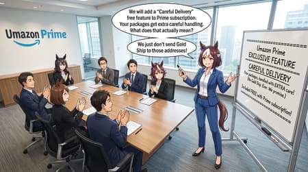 High angle wide shot of a corporate meeting room. Long table surrounded by six managers - four humans in suits, two Uma (Umamusume, not known, just some plain looking ones)  in sharp blazers. They're all mid-applause.

SPECIAL WEEK stands beside a whiteboard. Marker in one hand, she gestures proudly at her handwritten proposal (it is slightly botched, because she was writing it fast, but still looks nice):

━━━━━━━━━━━━━━━━━━━━━━━━━━━━━━━━━

Umazon Prime EXCLUSIVE FEATURE

━━━━━━━━━━━━━━━━━━━━━━━━━━━━━━━━━

CAREFUL DELIVERY

Your packages, handled with EXTRA care!
(No Gold Ship. Ever. We promise.)

Included FREE with Prime subscription!

━━━━━━━━━━━━━━━━━━━━━━━━━━━━━━━━━

She's mid-explanation, a confident smirk on her face. She wears same blue corporate suit, white shirt and blue formal pants. Though her suit right now is unbuttoned for comfort. Her one hand holds a sharpie, another - waving like she is conveying her thought process to public.

She says (in two separate speech bubbles) - in the first one: "We will add a 'Careful Delivery' free feature to Prime subscription. Your packages get extra careful handling. What does that actually mean?"; and in the second speech bubble one (below first one): "We just don't send Gold Ship to those addresses!"

3:4 ratio

Pictures i added - use it for style, also to get how Umazon logo looks. The room is different, and instead of worker's vest Special Week (she is, for example, on picture 2)  wears formal suit. There is an Umazon logo on wall.