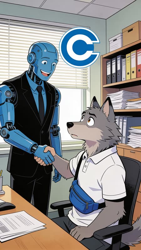Cartoon illustration of a blue robot man in a black suit shaking hands with a nervous anthropomorphic grey wolf in a white polo shirt and a blue fanny pack. The robot is smiling broadly, while the wolf has wide, worried eyes. They are in an office setting with shelves full of binders and papers, a desk, and a window with blinds. A stylized blue and white 'C' logo is prominently displayed in the background. The art style is clean and crisp, resembling a comic book or animated series, with clear outlines and vibrant colors. The lighting is bright and even, creating a slightly tense but humorous mood.