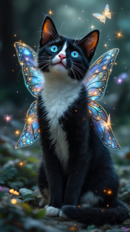   I see faeries. MEOW. She's a cat that walks between Earth and The Faerie Realm. She has powers that no other cat has: she can spit sparks when in danger to protect herself. Her little eyes shine like flashlights in the dark.  She can teleport from one place to another in a cloud of glitter.  She's telepathic and telekinetic. And most of all....she sees faeries. She plays with the sprites and pixies through sunlit glens and woods. The sprites shine like little stars, and the pixies leave trails of sparkly glitter. They play happily with each other, the cat and her tiny little friends. 
She's a short haired black cat with s white face and a white tipped tail. Bright happy periwinkle eyes, and a pink heart-shaped nose. When no one is looking, the cat will sometimes sprout a pair of big shiny iridescent butterfly wings and go flying with her faerie friends. Full body pose, smiling and playful, a happy cat. 
