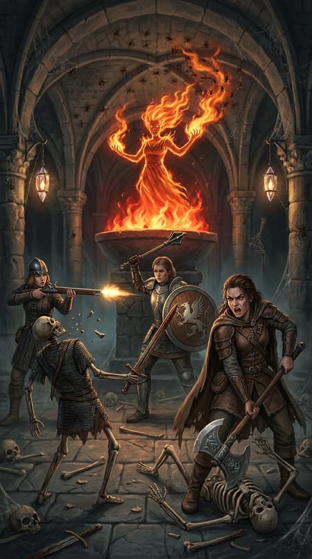 Female Warriors Battle Skeletons In Dungeon Use images as a basis for character style and design. It's important to accurately convey the character design. Use the first image as a base for the character. It's important to accurately convey the character, preserving all details and design, as well as maintaining all body proportions.
Use the first image as a base for the character: A warrior girl pins a skeleton to the stone floor with her battle axe, shouting something, with an angry, irritated expression. Standing on the right side.
Use the second image as a base for the character. A warrior girl fires her musket at a skeleton warrior, decapitating the skeleton. Standing on the left side.
Use the third image as the basis for the character: A warrior girl takes a blow on her shield from a skeleton warrior, holding a battle mace in her other hand. Standing closer to the center.
Use the fourth image as a base for the character: A girl, a fire spirit, rises from a huge fiery bowl behind all the other characters. Her body is engulfed in red-yellow flames, and the spirit raises her hands and burns a multitude of small spiders crawling across the dungeon ceiling.
Gloomy, scary, D&D-style pozdimeli, dark fantasy, stone vault, huge fire bowl, chamber arches, ruins, skeleton walls, crypt, crystal lanterns, cobwebs on the walls. The bones of hanged skeletons lie on the floor. A skeleton in armor, a battle scene, a dynamic fight scene.
The painting's realistic drawing style