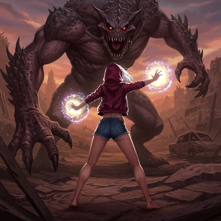 A girl with shimmering silver short hair partially hidden beneath a fashionable hooded crimson jacket, wearing short denim shorts, standing barefoot, fiercely engaged in combat with a colossal monster amidst a post-apocalyptic world. Brilliant energy pulsates from her hands, casting an ethereal glow across the desolate landscape. The scene is captured in hyperdetailed painting, embodying luminism and octane render techniques with striking bar lighting. The complex artwork, rendered in 8k resolution, combines the artistic styles of Martina Fačková, Prywinko Art, Artgerm, WLOP, Alphonse Mucha, and Tony Taka. The piece features fractal isometric details and bioluminescent elements, achieving a hyper-realistic cover image in vivid full color. The hand-drawn masterpiece is both vibrant and gritty, akin to the works of Da Vinci and Erte, presented in intricate detail with cinematic flair. The rough sketch integrates bold dark lines interspersed with loose lines, capturing the dynamic scene on paper, evoking real-life human emotion. A girl with shimmering silver short hair partially hidden beneath a fashionable hooded crimson jacket, wearing short denim shorts, standing barefoot, fiercely engaged in combat with a colossal monster amidst a post-apocalyptic world. Brilliant energy pulsates from her hands, casting an ethereal glow across the desolate landscape. The scene is captured in hyperdetailed painting, embodying luminism and octane render techniques with striking bar lighting. The complex artwork, rendered in 8k resolution, combines the artistic styles of Martina Fačková, Prywinko Art, Artgerm, WLOP, Alphonse Mucha, and Tony Taka. The piece features fractal isometric details and bioluminescent elements, achieving a hyper-realistic cover image in vivid full color. The hand-drawn masterpiece is both vibrant and gritty, akin to the works of Da Vinci and Erte, presented in intricate detail with cinematic flair. The rough sketch integrates bold dark lines interspersed with loose lines, capturing the dynamic scene on paper, evoking real-life human emotion.