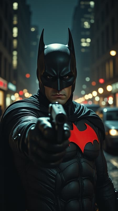 80s cinema reel, Beauty,realism,chiaroscuro,cinematic quality,rays of light,play of shadow and light,
A noir-style comic book scene featuring a batman, holding a gun pointed directly at the viewer.  The setting is a dark city at night, with tall buildings and glowing streetlights in the background, adding to the urban, gritty atmosphere. The color palette is mostly black and white, with only the red accents standing out vividly, creating a dramatic contrast. The scene is filled with tension, evoking a sense of mystery and high-stakes action.