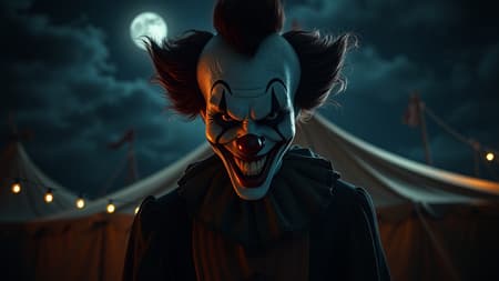 An ominous clown with a sinister grin stands menacingly in front of a dimly lit circus tent under the moonlit sky. The air is thick with tension as shadows dance across the clown's malevolent face, highlighting its twisted features. The professional photography captures a cinematic angle, emphasizing the eerie atmosphere with dynamic backlighting that creates a haunting silhouette. In the background, the tattered tent flutters in the wind, adding to the chilling night scene's realistic and high-resolution quality. An ominous clown with a sinister grin stands menacingly in front of a dimly lit circus tent under the moonlit sky. The air is thick with tension as shadows dance across the clown's malevolent face, highlighting its twisted features. The professional photography captures a cinematic angle, emphasizing the eerie atmosphere with dynamic backlighting that creates a haunting silhouette. In the background, the tattered tent flutters in the wind, adding to the chilling night scene's realistic and high-resolution quality.